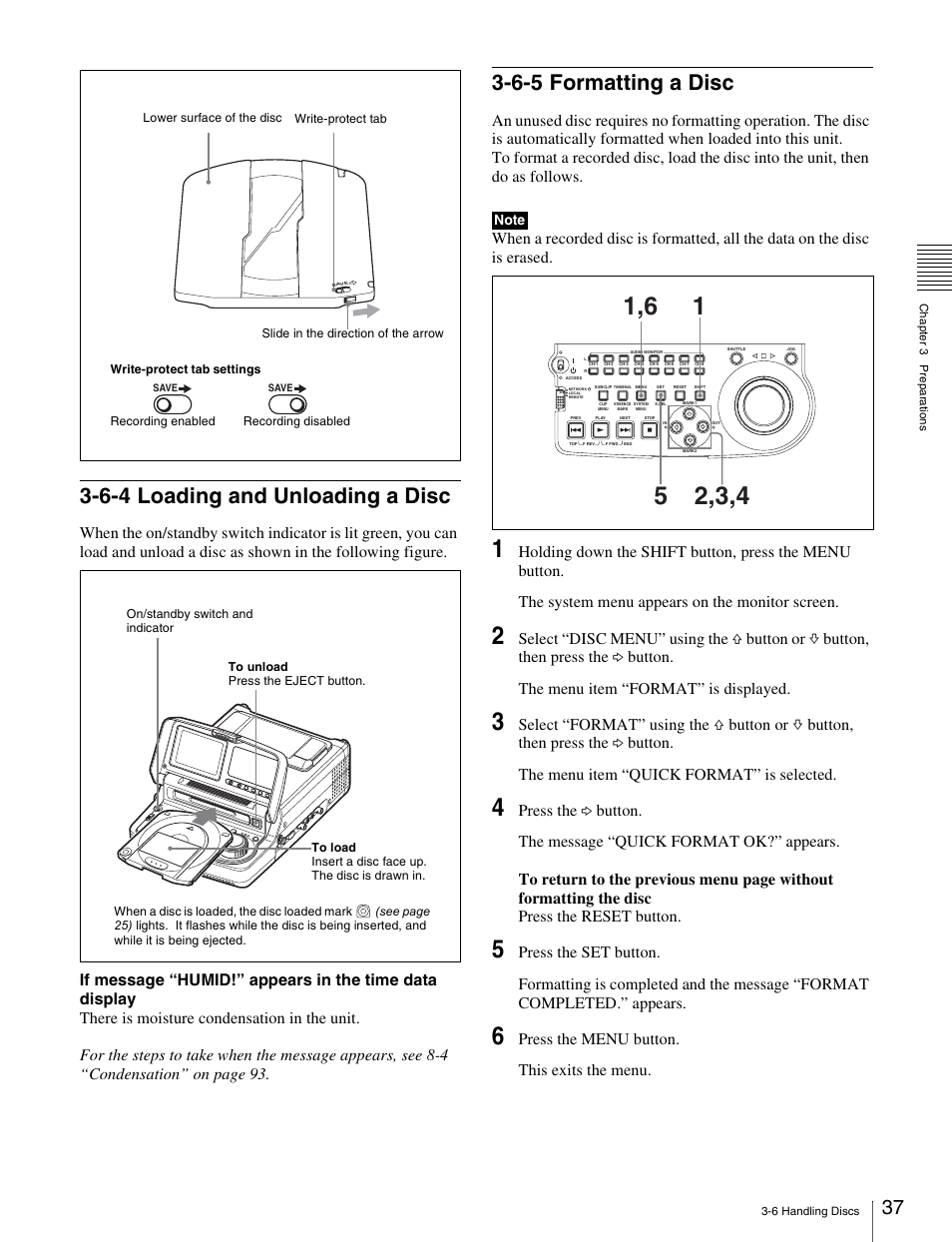 6-4 loading and unloading a disc, 6-5 formatting a disc, Press the menu button. this exits the menu | Sony PDW-V1 User Manual | Page 37 / 101