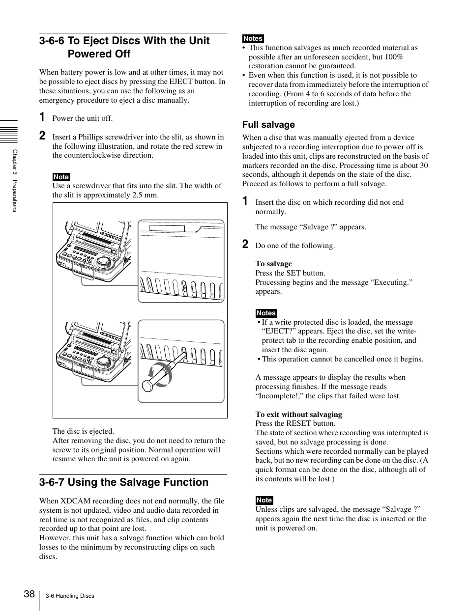 6-6 to eject discs with the unit powered off, 6-7 using the salvage function, 6-6 to eject discs with the unit powered | Sony PDW-V1 User Manual | Page 38 / 101