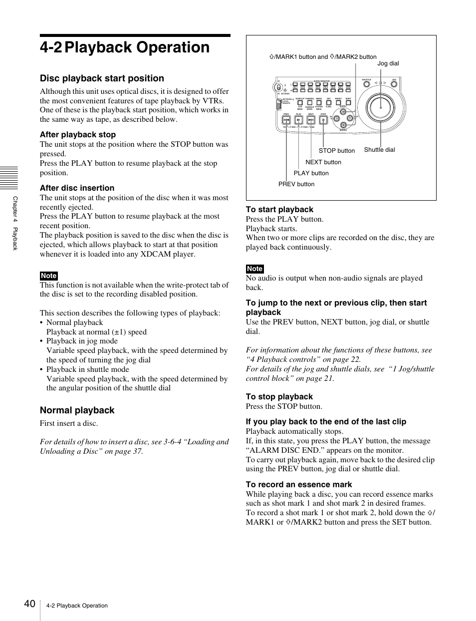 2 playback operation, Disc playback start position, Normal playback | Sony PDW-V1 User Manual | Page 40 / 101