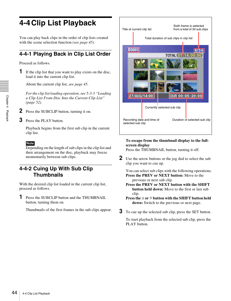 4 clip list playback, 4-1 playing back in clip list order, 4-2 cuing up with sub clip thumbnails | Sony PDW-V1 User Manual | Page 44 / 101