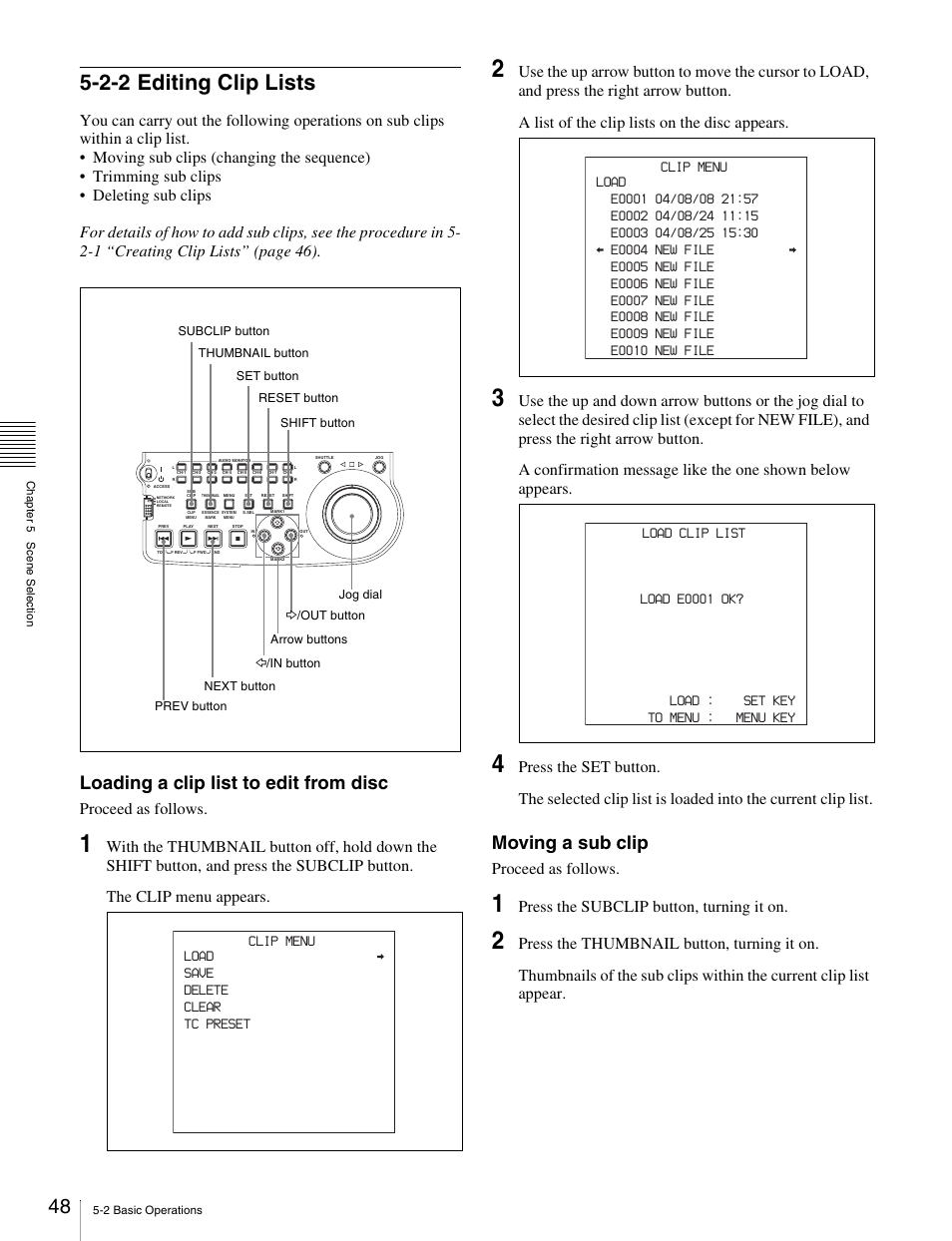 2-2 editing clip lists, Loading a clip list to edit from disc, Moving a sub clip | Proceed as follows, Press the subclip button, turning it on | Sony PDW-V1 User Manual | Page 48 / 101