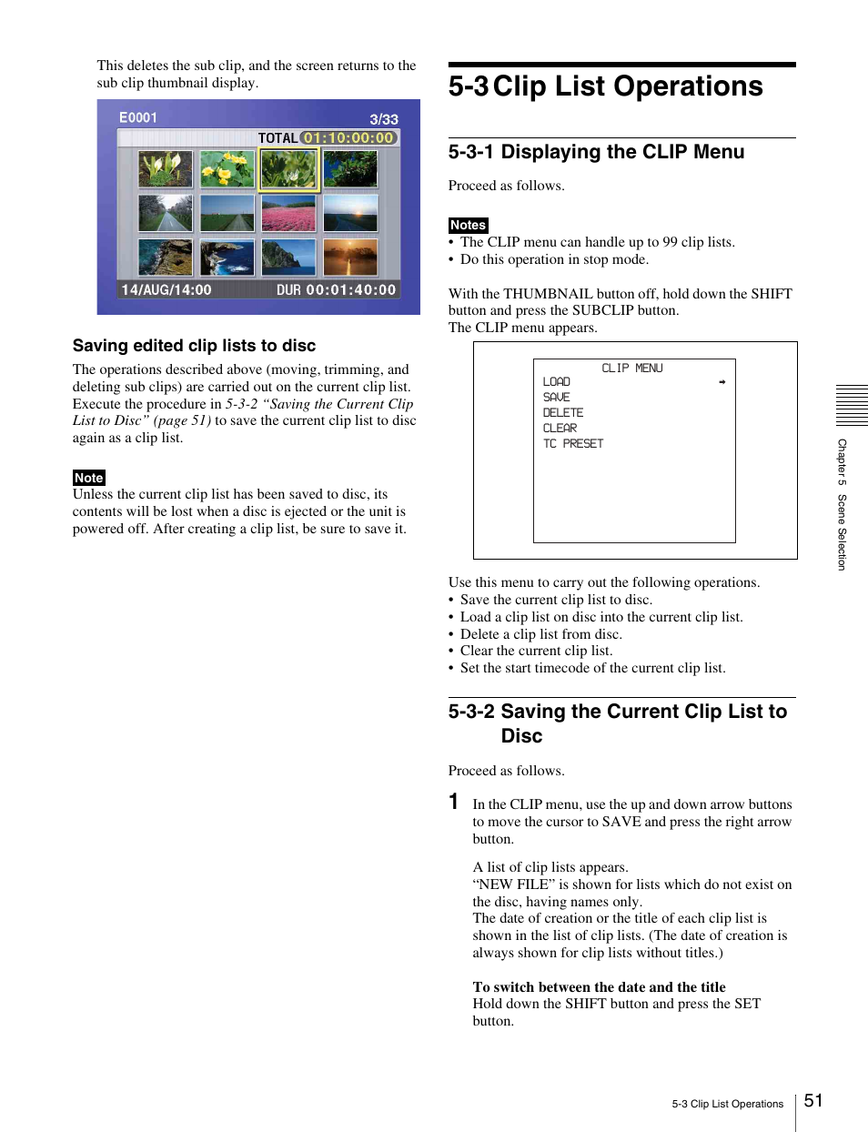 3 clip list operations, 3-1 displaying the clip menu, 3-2 saving the current clip list to disc | Sony PDW-V1 User Manual | Page 51 / 101