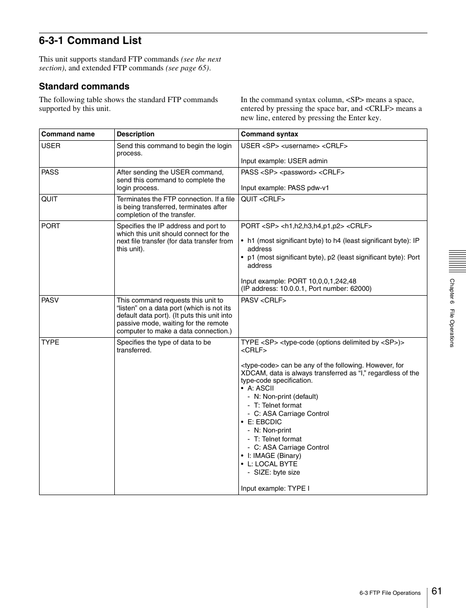 3-1 command list, Standard commands | Sony PDW-V1 User Manual | Page 61 / 101