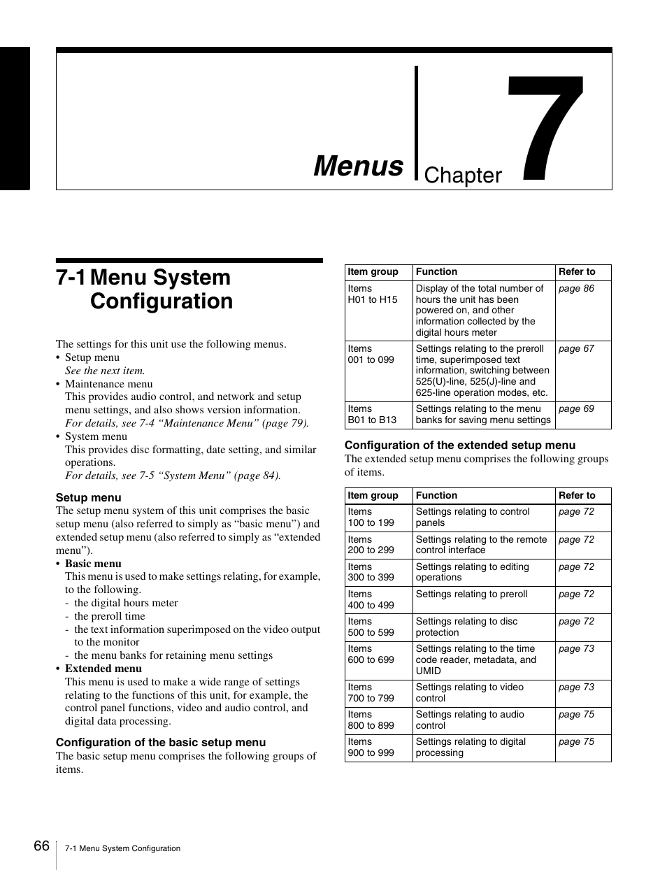 Chapter 7 menus, 1 menu system configuration, Menus | Chapter | Sony PDW-V1 User Manual | Page 66 / 101