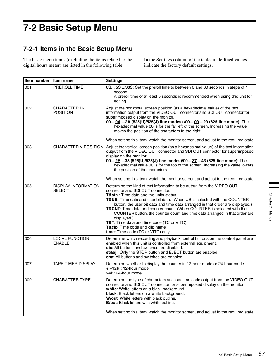 2 basic setup menu, 2-1 items in the basic setup menu | Sony PDW-V1 User Manual | Page 67 / 101