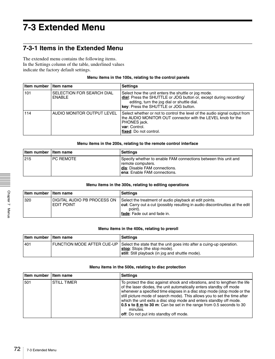 3 extended menu, 3-1 items in the extended menu | Sony PDW-V1 User Manual | Page 72 / 101