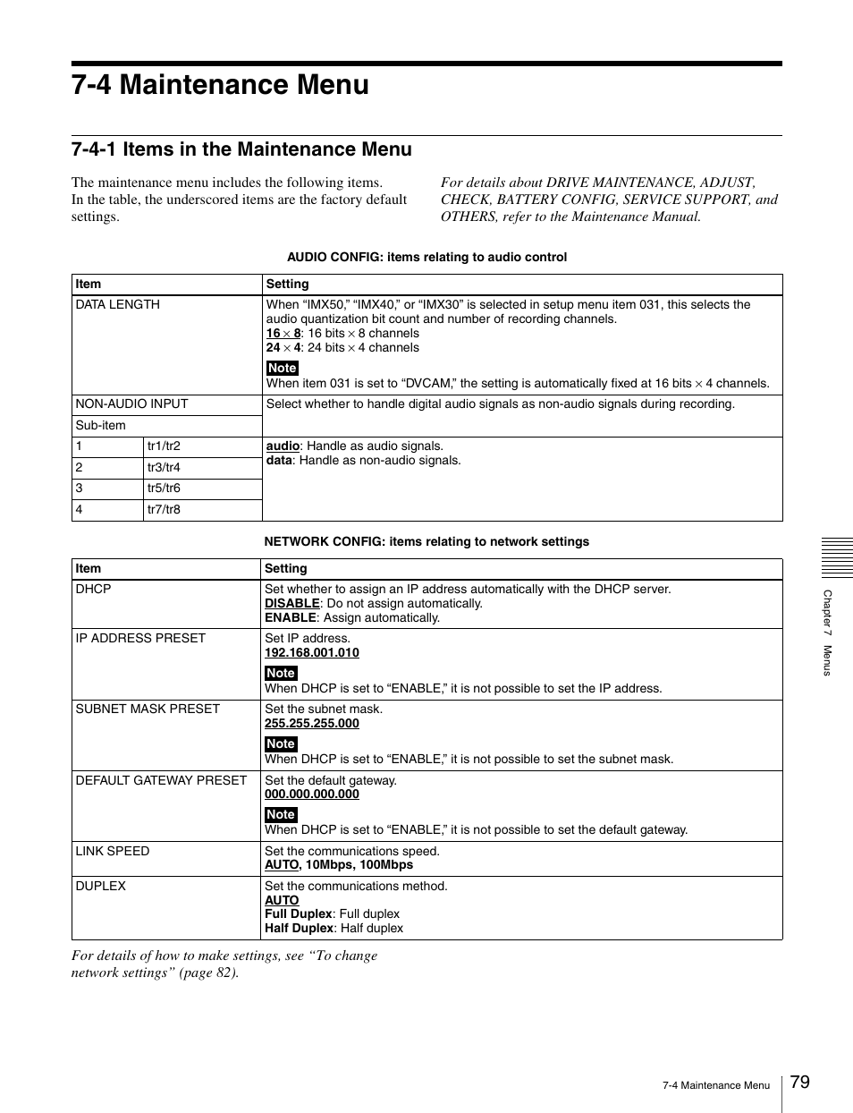 4 maintenance menu, 4-1 items in the maintenance menu | Sony PDW-V1 User Manual | Page 79 / 101