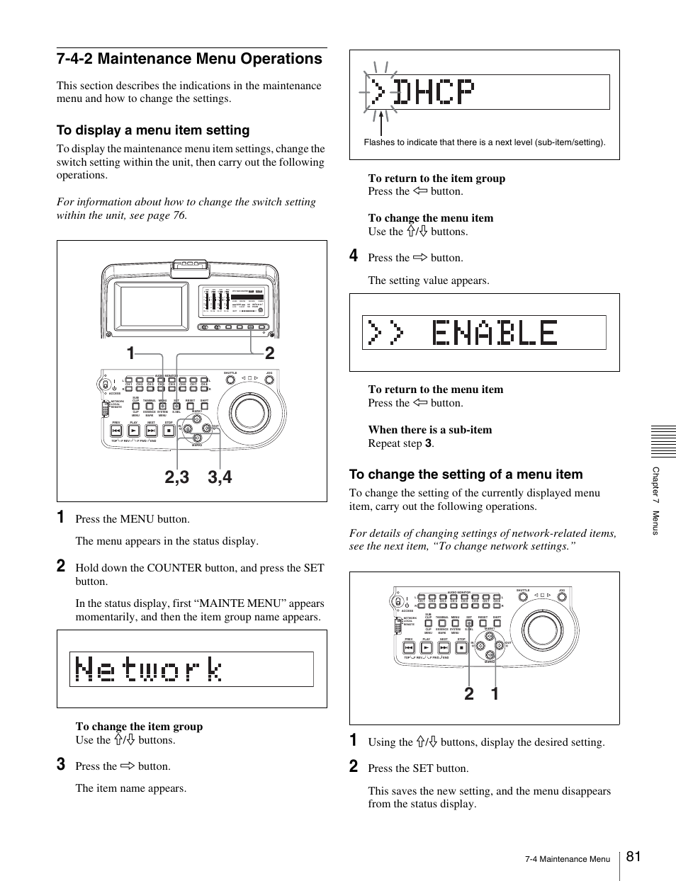 4-2 maintenance menu operations, Using the j/j buttons, display the desired setting, Over | Sony PDW-V1 User Manual | Page 81 / 101