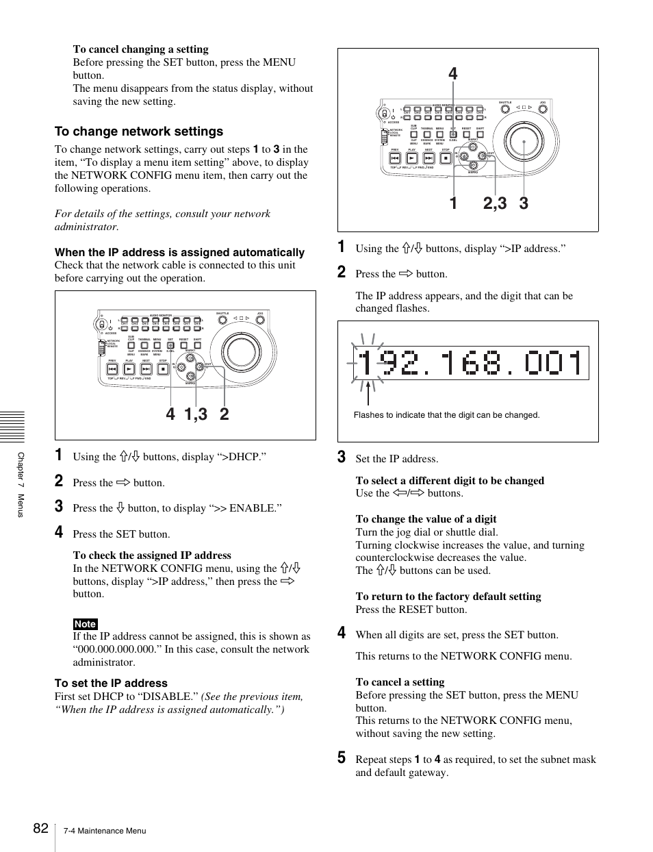 Using the j/j buttons, display “>dhcp, Press the k button, Press the j button, to display “>> enable | Using the j/j buttons, display “>ip address | Sony PDW-V1 User Manual | Page 82 / 101