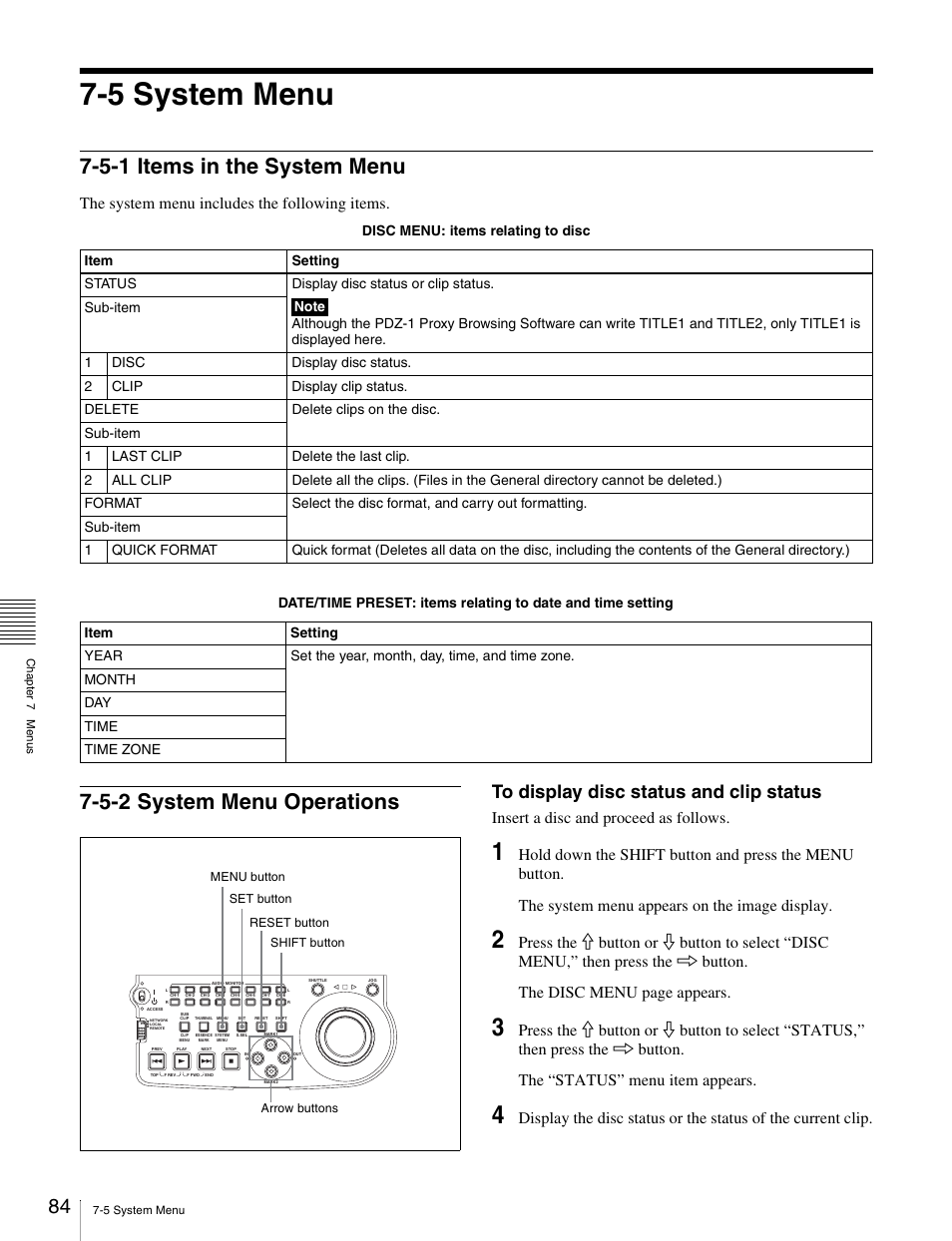 5 system menu, 5-1 items in the system menu, 5-2 system menu operations | The system menu includes the following items, Insert a disc and proceed as follows | Sony PDW-V1 User Manual | Page 84 / 101