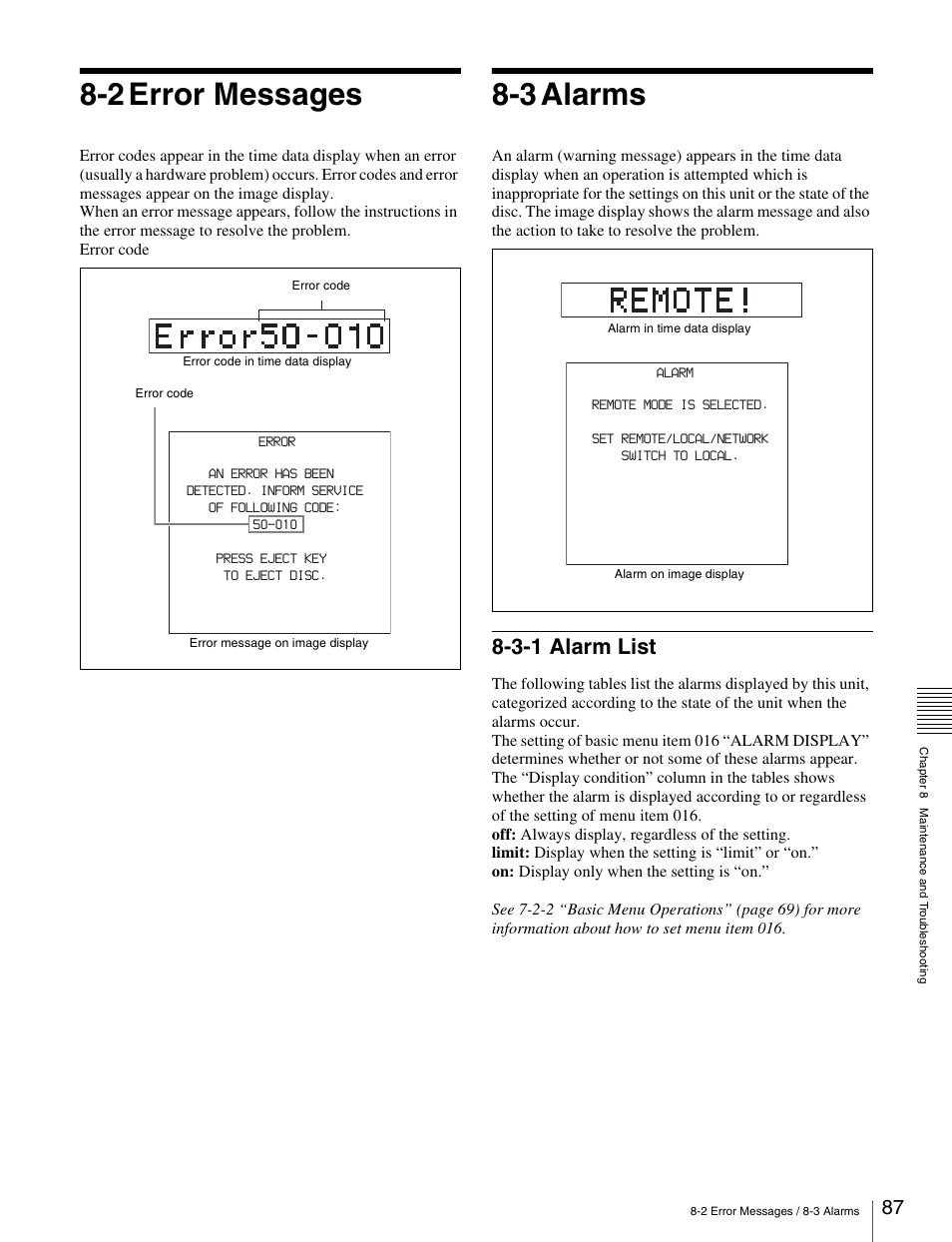 2 error messages, 3 alarms, 3-1 alarm list | 2 error messages 8-3 alarms | Sony PDW-V1 User Manual | Page 87 / 101