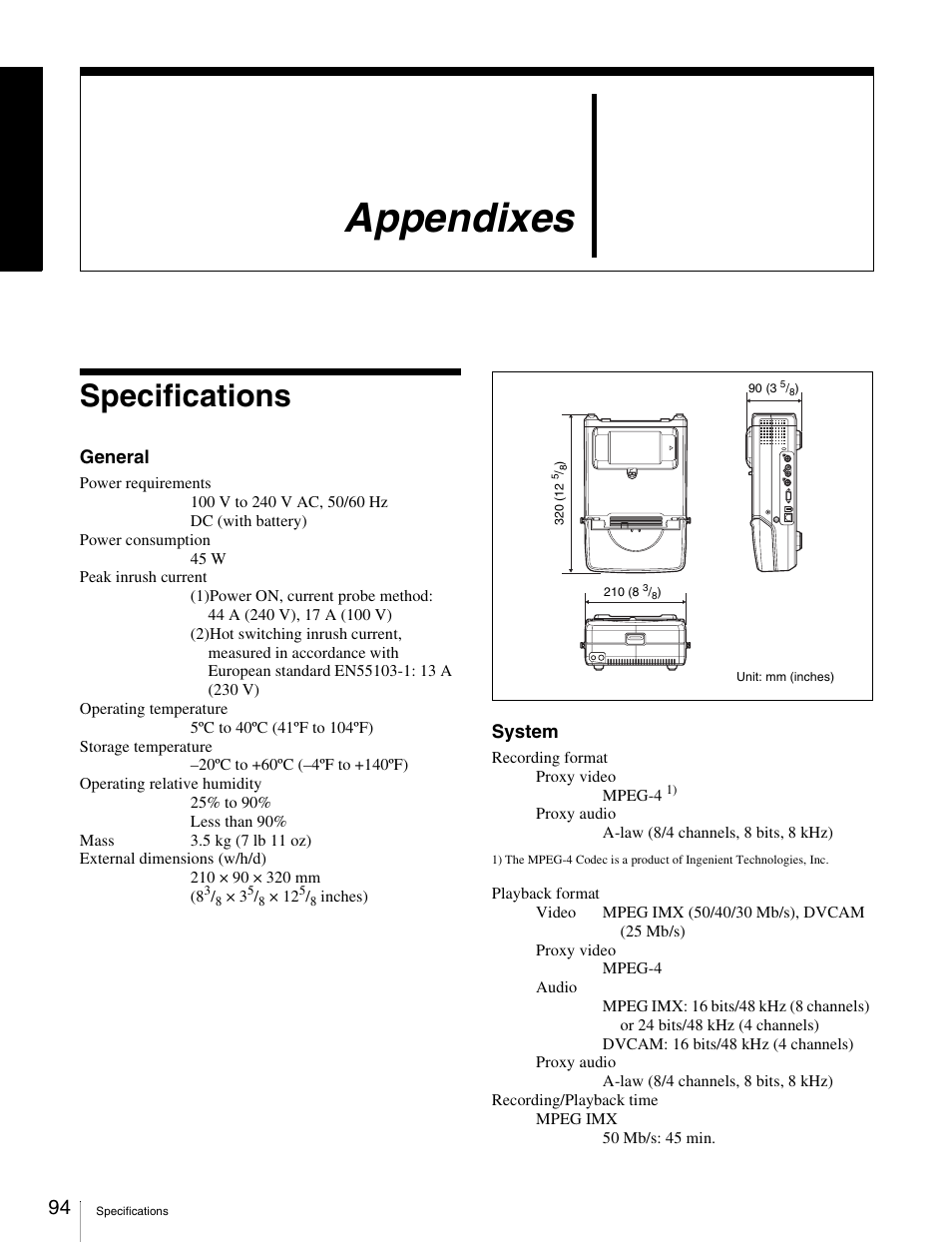 Appendixes, Specifications | Sony PDW-V1 User Manual | Page 94 / 101