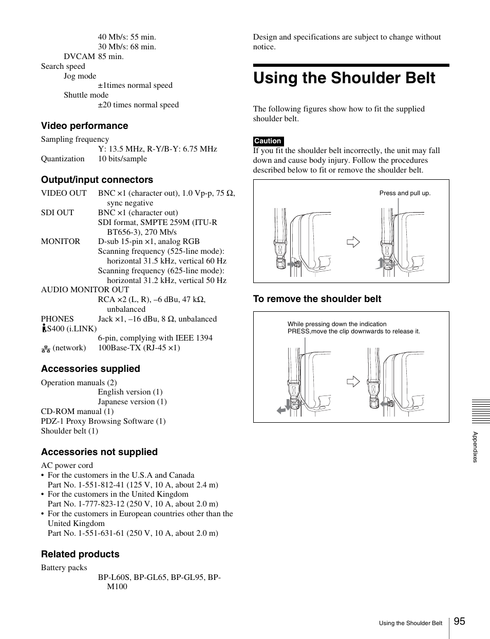 Using the shoulder belt | Sony PDW-V1 User Manual | Page 95 / 101