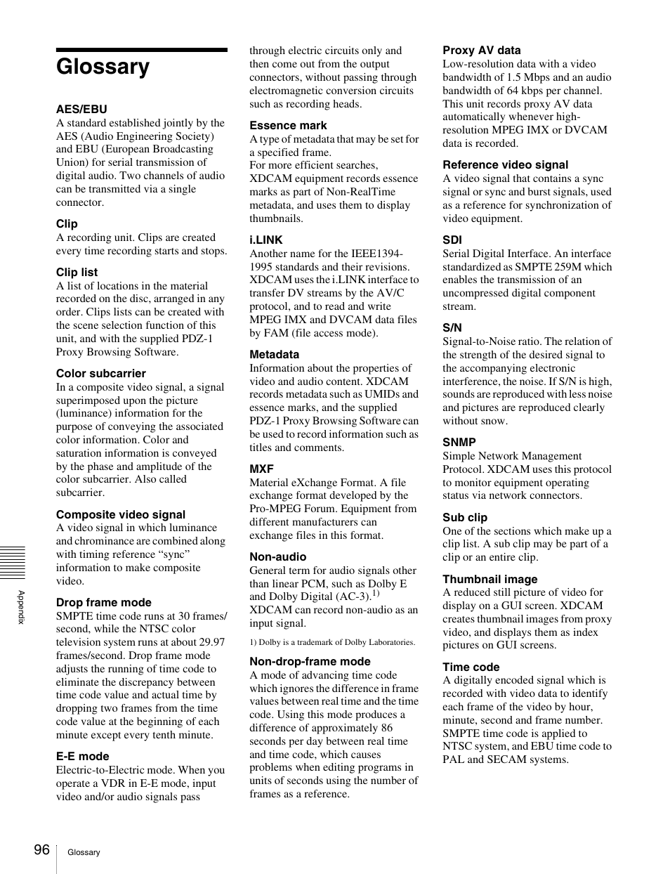 Glossary | Sony PDW-V1 User Manual | Page 96 / 101