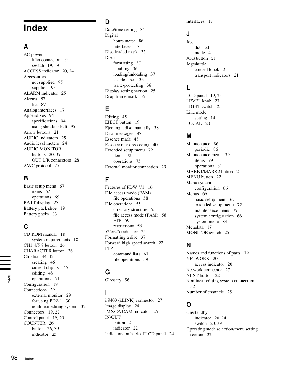 Index | Sony PDW-V1 User Manual | Page 98 / 101