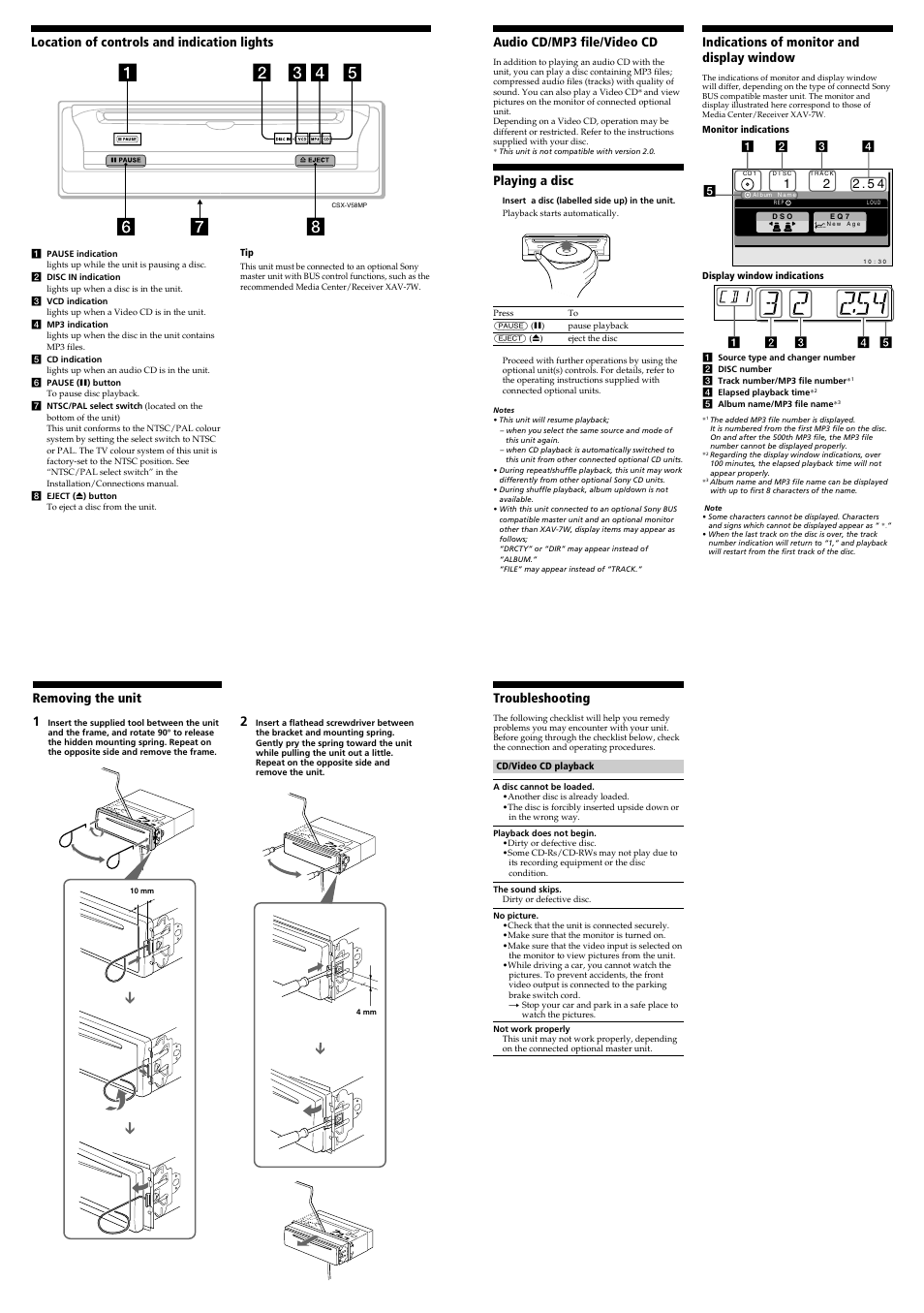 Playing a disc, Troubleshooting, Removing the unit 1 | Indications of monitor and display window | Sony CDX-V58MP User Manual | Page 2 / 4