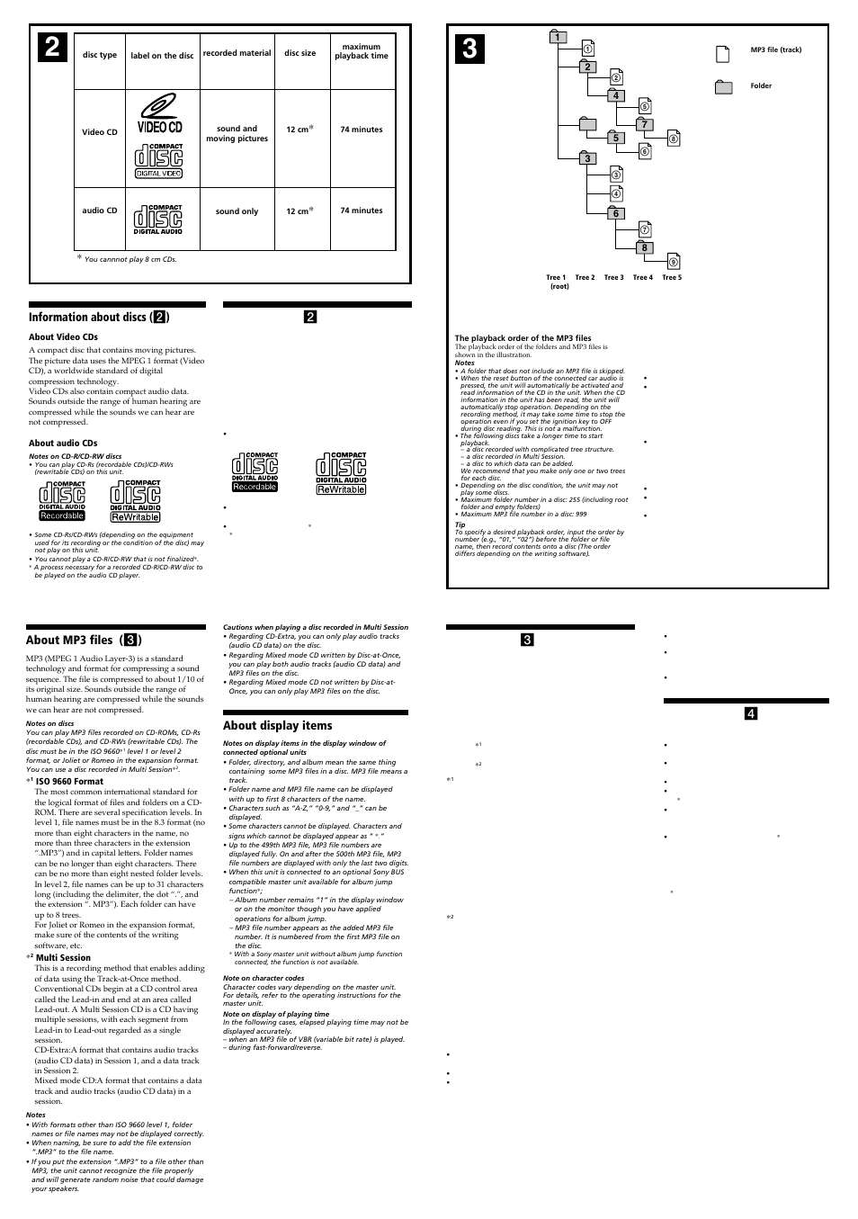 About mp3 files ( 3 ), Information about discs ( 2 ), About display items | Sony CDX-V58MP User Manual | Page 4 / 4