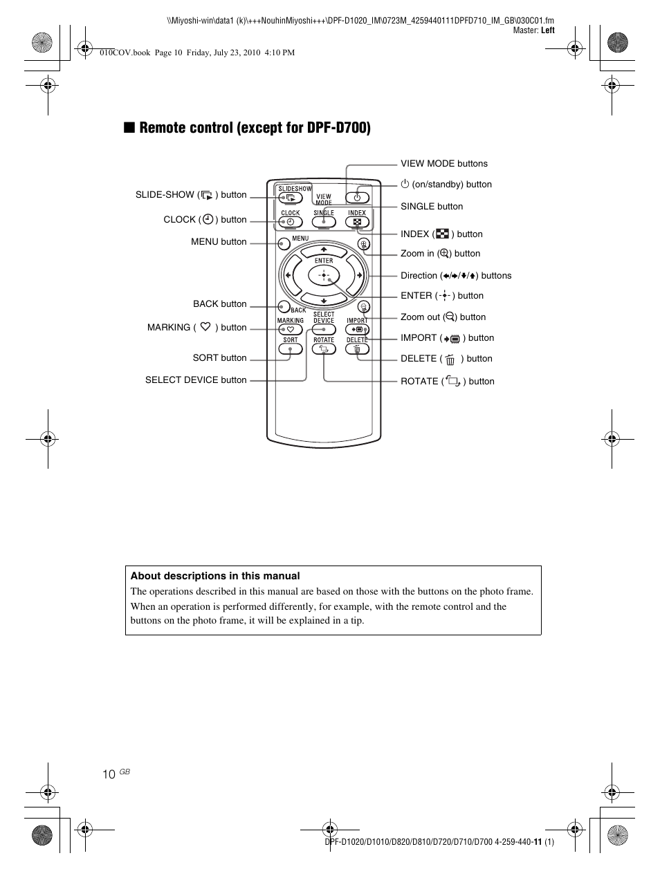 Xremote control (except for dpf-d700) | Sony D810 DPF-D720 User Manual | Page 10 / 40