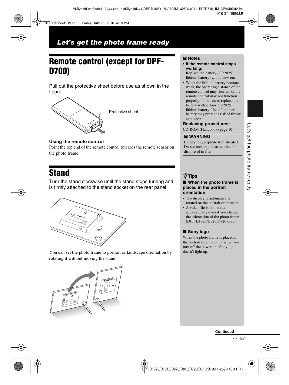 Remote control (except for dpf- d700), Stand, Let’s get the photo frame ready | Sony D810 DPF-D720 User Manual | Page 11 / 40