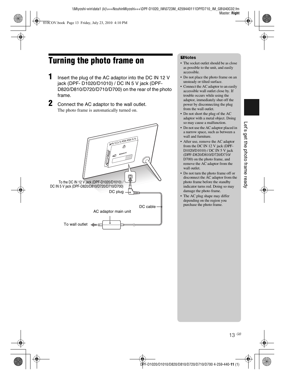 Turning the photo frame on | Sony D810 DPF-D720 User Manual | Page 13 / 40