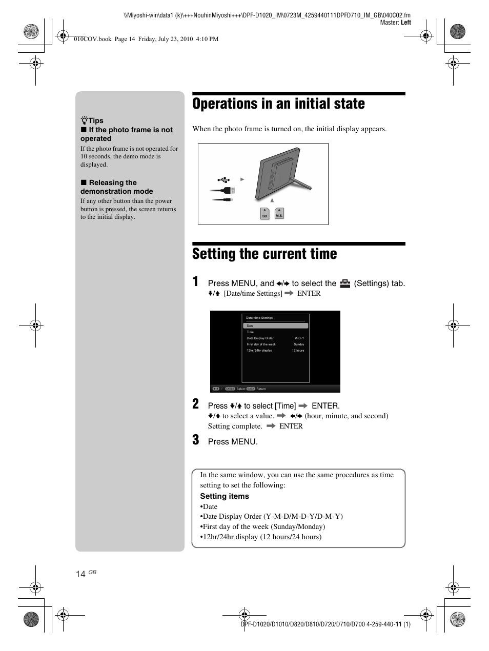 Operations in an initial state, Setting the current time | Sony D810 DPF-D720 User Manual | Page 14 / 40