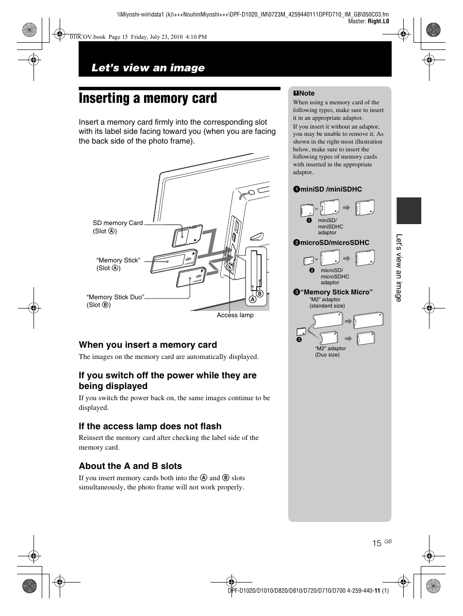 Let’s view an image, If the access lamp does not flash, About the a and b slots | Sony D810 DPF-D720 User Manual | Page 15 / 40