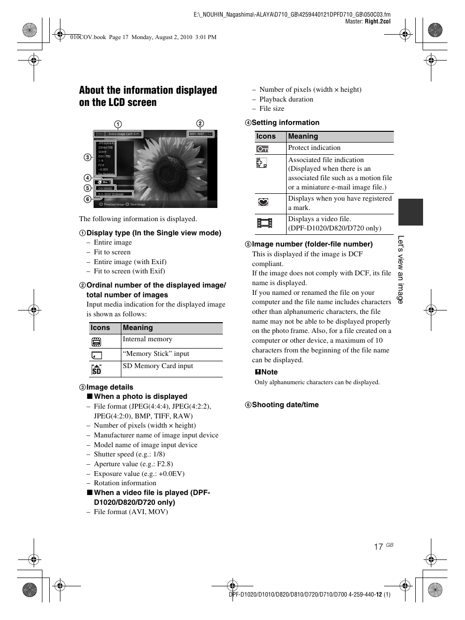 About the information displayed on the lcd screen | Sony D810 DPF-D720 User Manual | Page 17 / 40