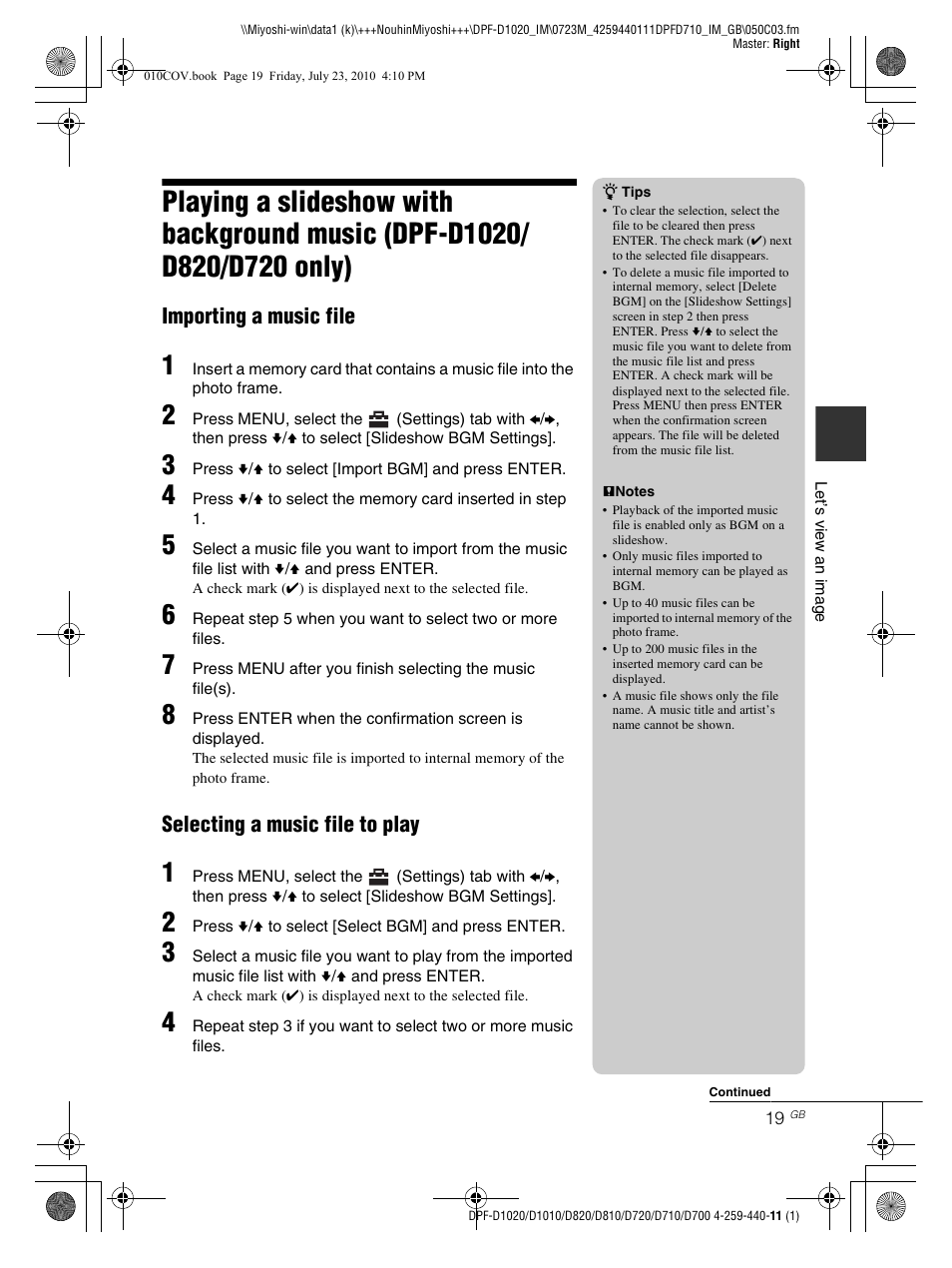 Importing a music file, Selecting a music file to play | Sony D810 DPF-D720 User Manual | Page 19 / 40