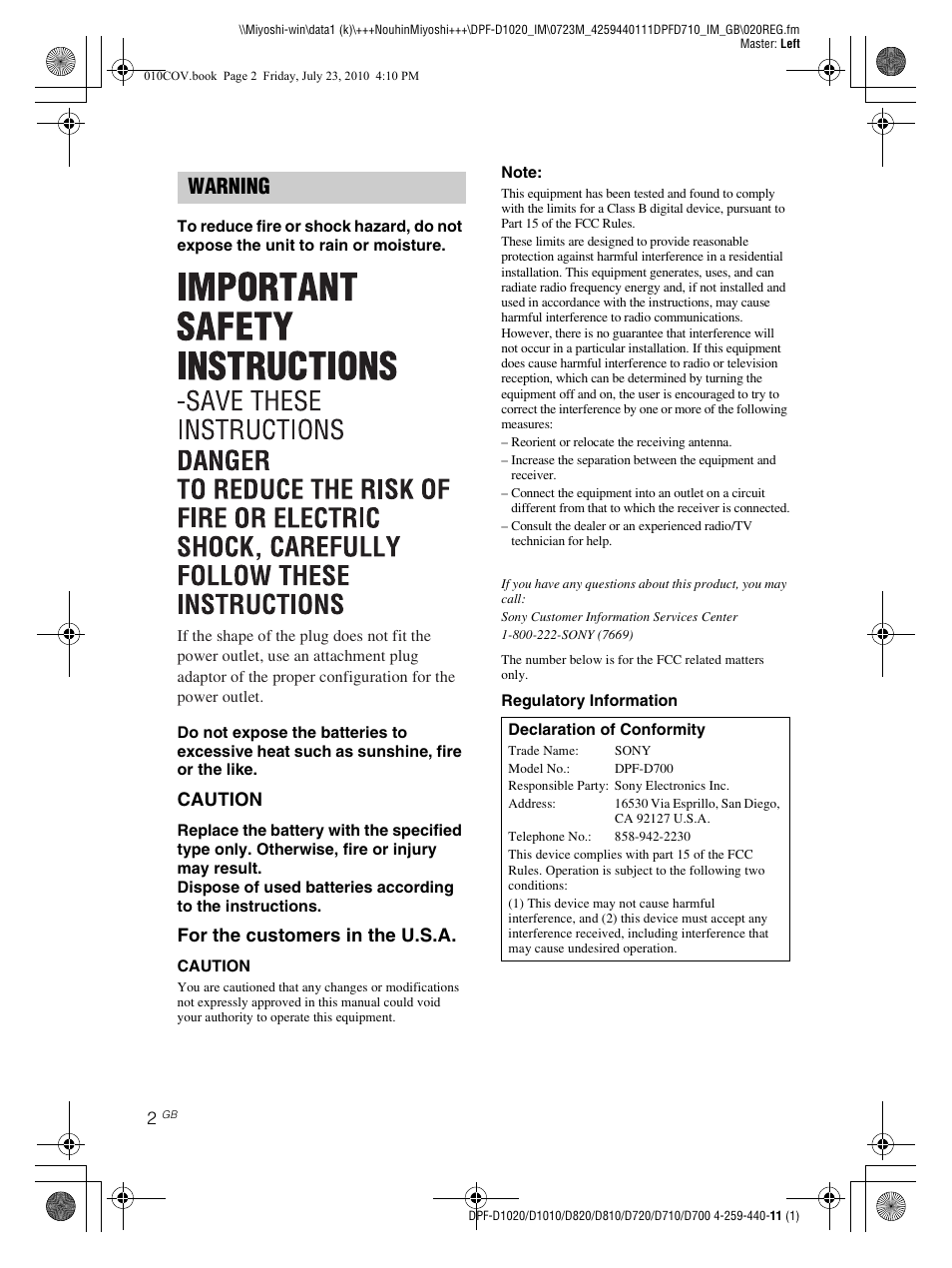 Warning, Caution, For the customers in the u.s.a | Sony D810 DPF-D720 User Manual | Page 2 / 40