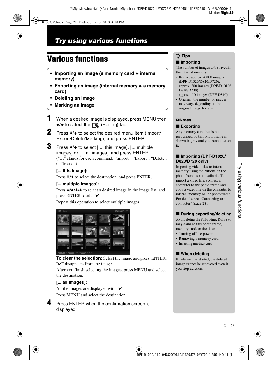 Various functions, Try using various functions | Sony D810 DPF-D720 User Manual | Page 21 / 40
