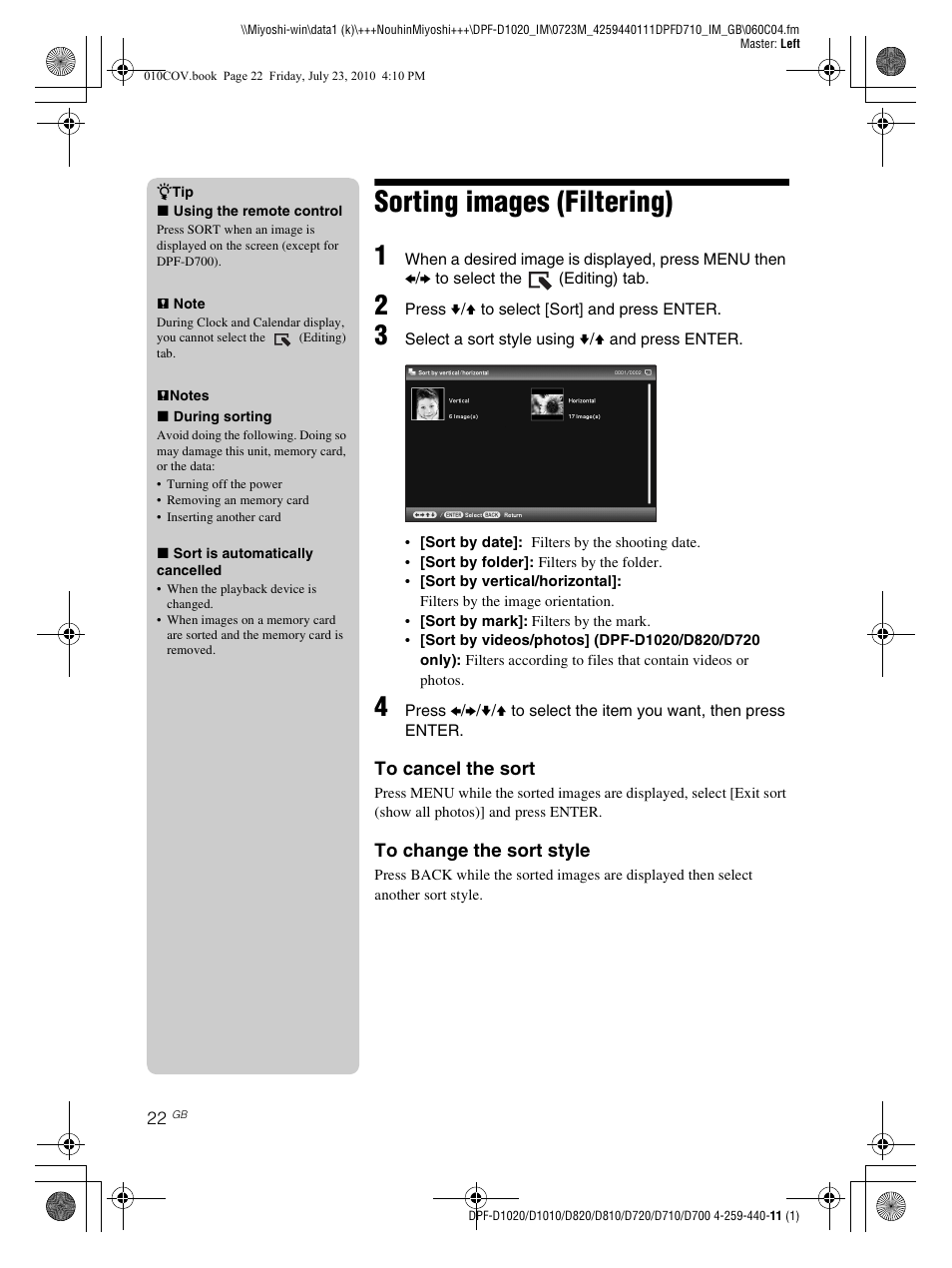 Sorting images (filtering) | Sony D810 DPF-D720 User Manual | Page 22 / 40