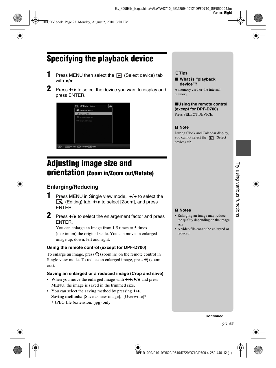 Specifying the playback device, Adjusting image size and orientation, Zoom in/zoom out/rotate) | Sony D810 DPF-D720 User Manual | Page 23 / 40