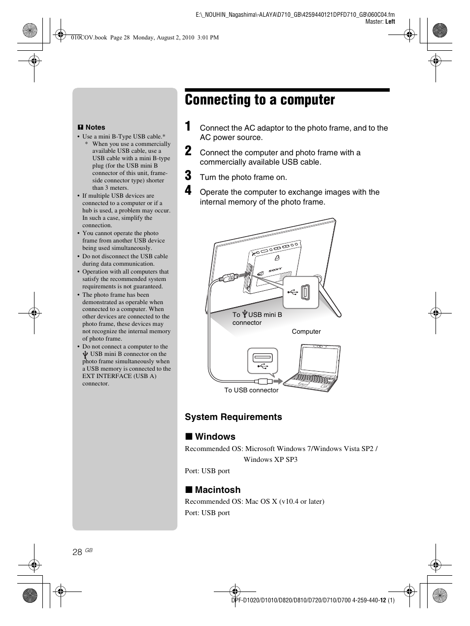 Connecting to a computer | Sony D810 DPF-D720 User Manual | Page 28 / 40