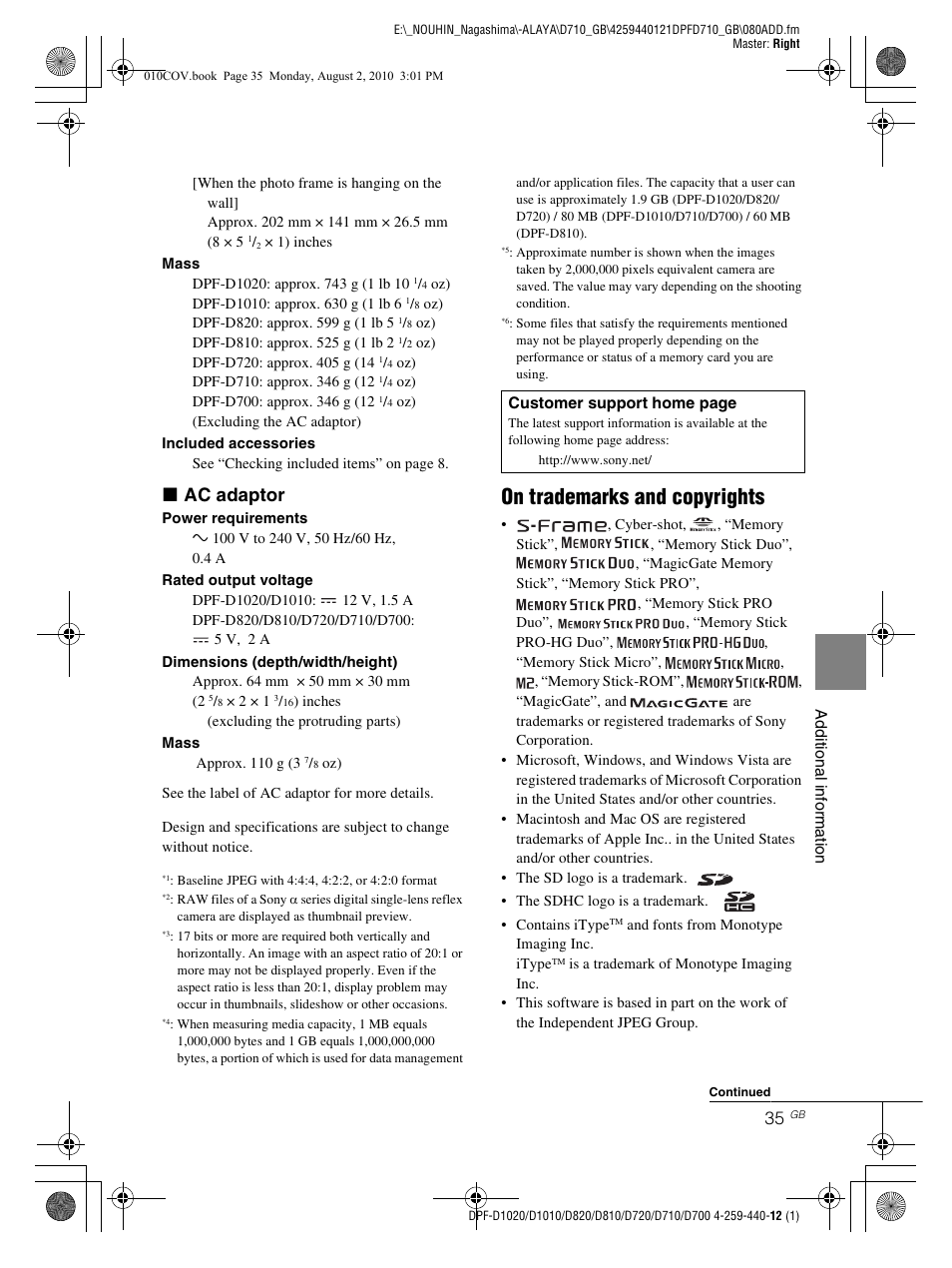 On trademarks and copyrights, X ac adaptor | Sony D810 DPF-D720 User Manual | Page 35 / 40