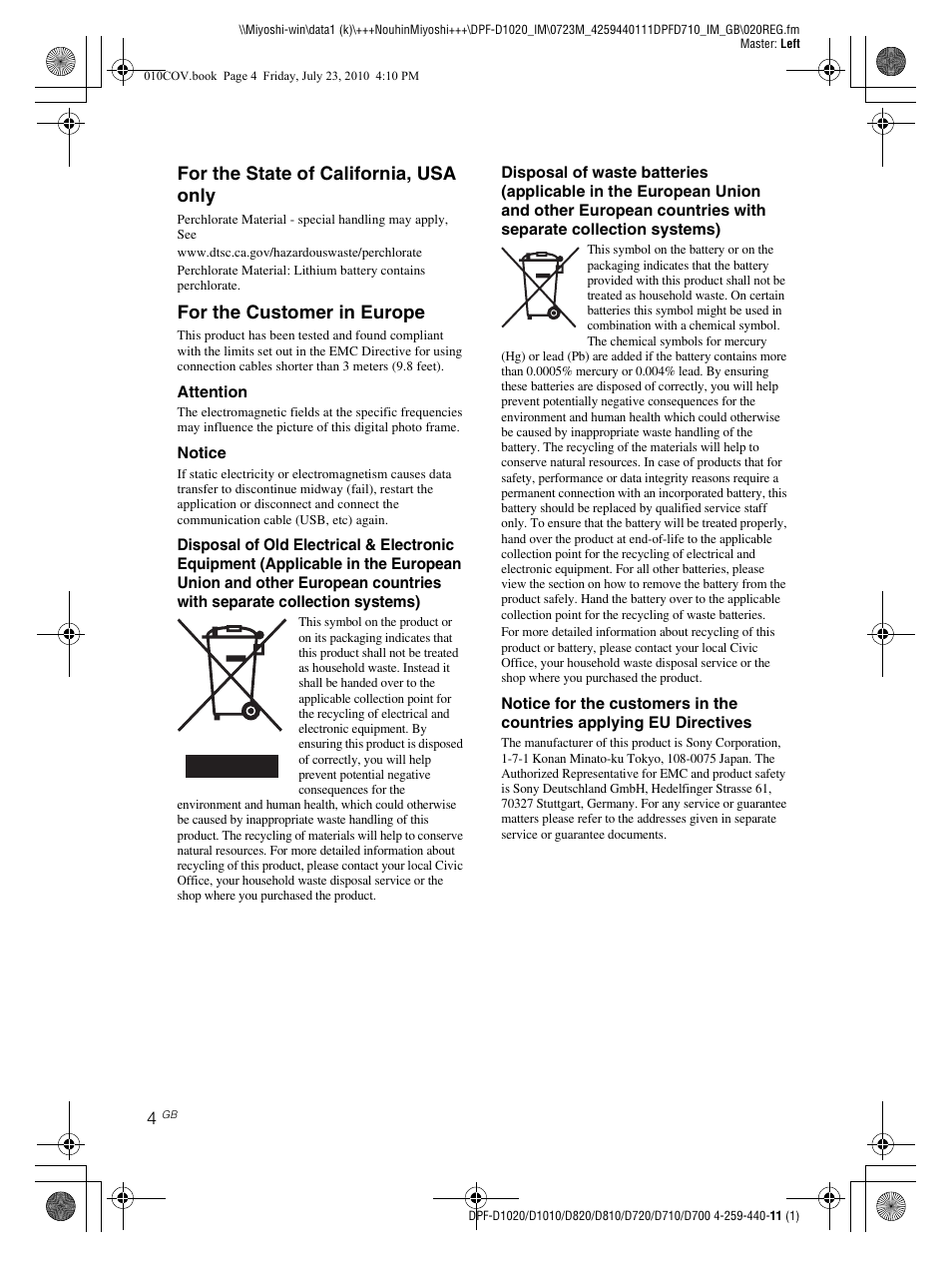 For the state of california, usa only, For the customer in europe | Sony D810 DPF-D720 User Manual | Page 4 / 40