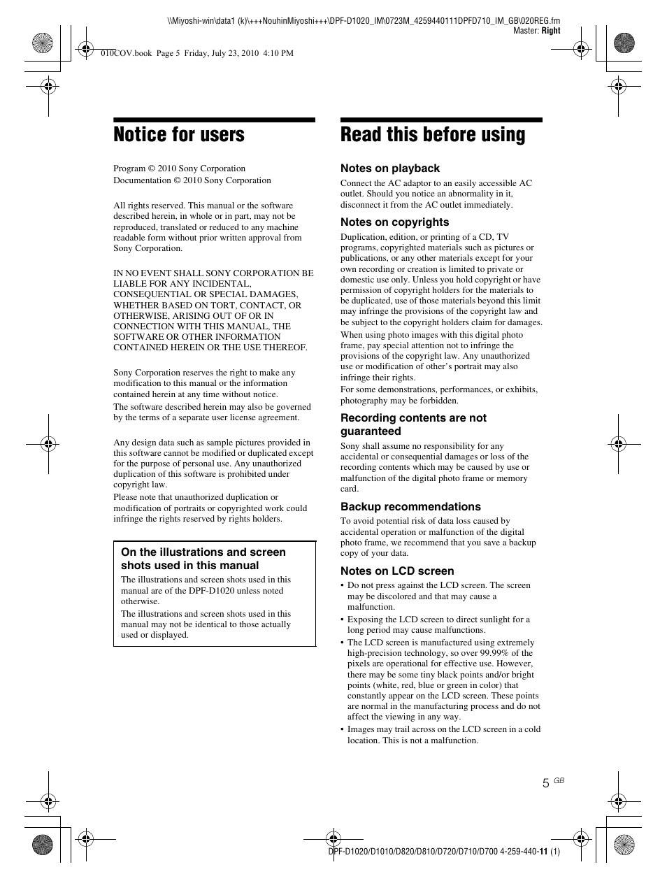 Notice for users, Read this before using | Sony D810 DPF-D720 User Manual | Page 5 / 40