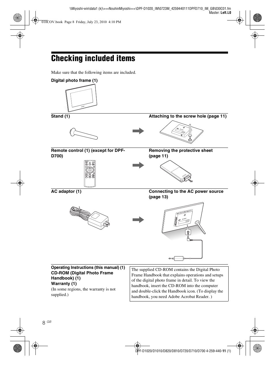 Checking included items | Sony D810 DPF-D720 User Manual | Page 8 / 40