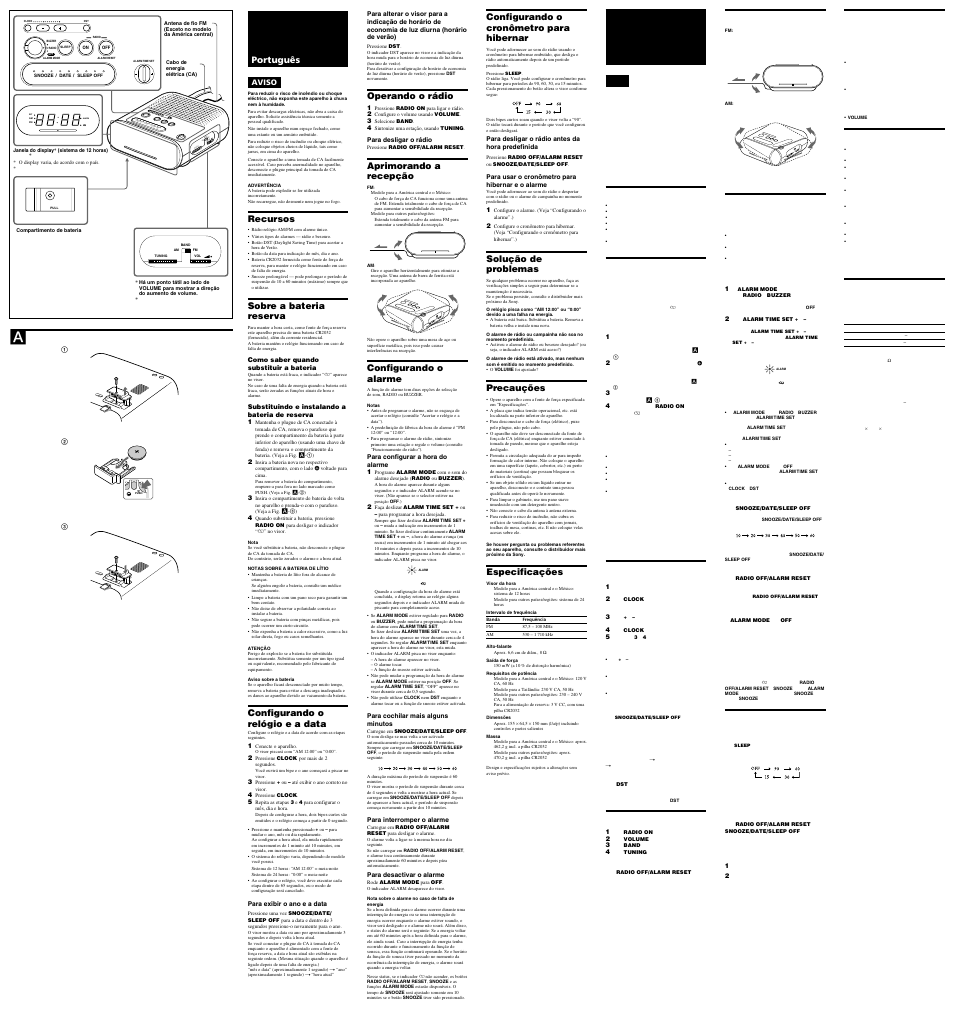 Alarm a, Português, Recursos | Sobre a bateria reserva, Configurando o relógio e a data, Operando o rádio, Aprimorando a recepção, Configurando o alarme, Configurando o cronômetro para hibernar, Solução de problemas | Sony 2-319-815-31(1) User Manual | Page 2 / 2