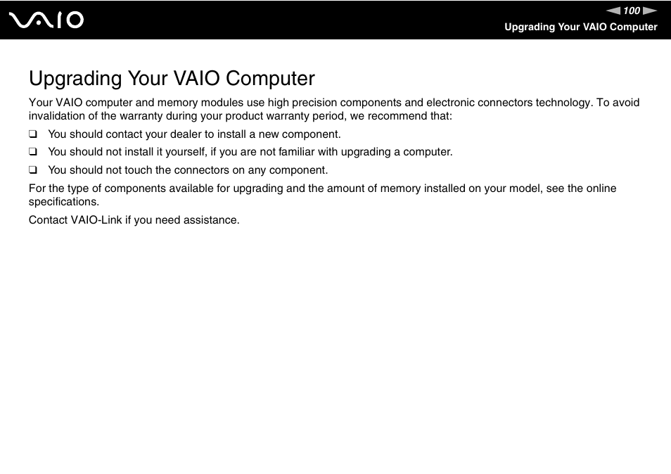 Upgrading your vaio computer | Sony VAIO VGX-TP User Manual | Page 100 / 155