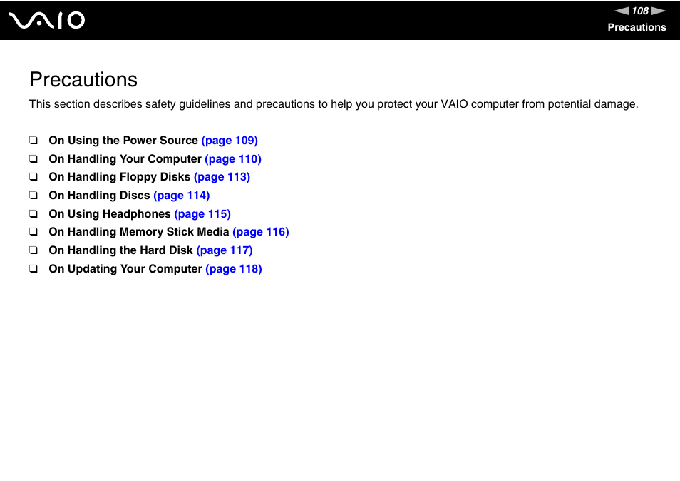 Precautions | Sony VAIO VGX-TP User Manual | Page 108 / 155