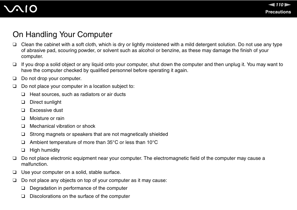 On handling your computer | Sony VAIO VGX-TP User Manual | Page 110 / 155