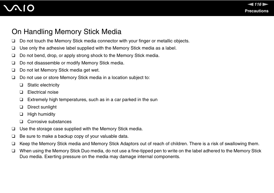 On handling memory stick media | Sony VAIO VGX-TP User Manual | Page 116 / 155