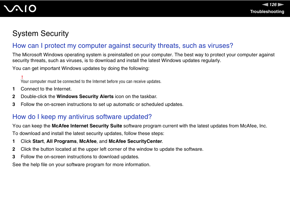 System security, How do i keep my antivirus software updated | Sony VAIO VGX-TP User Manual | Page 126 / 155