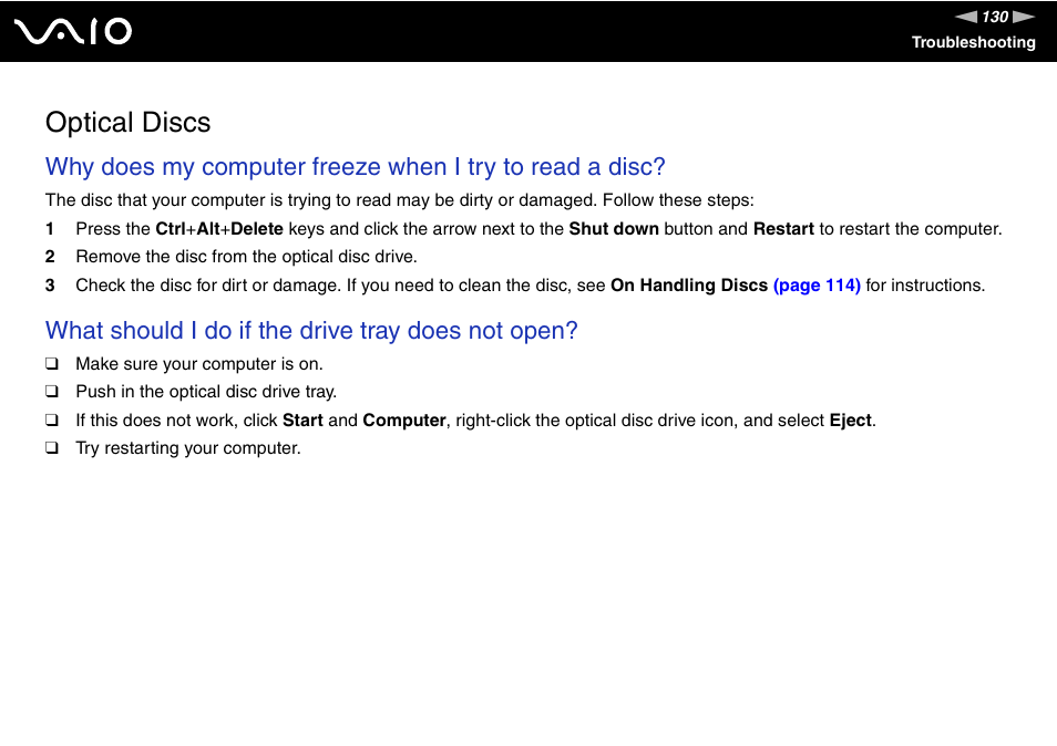 Optical discs, What should i do if the drive tray does not open | Sony VAIO VGX-TP User Manual | Page 130 / 155