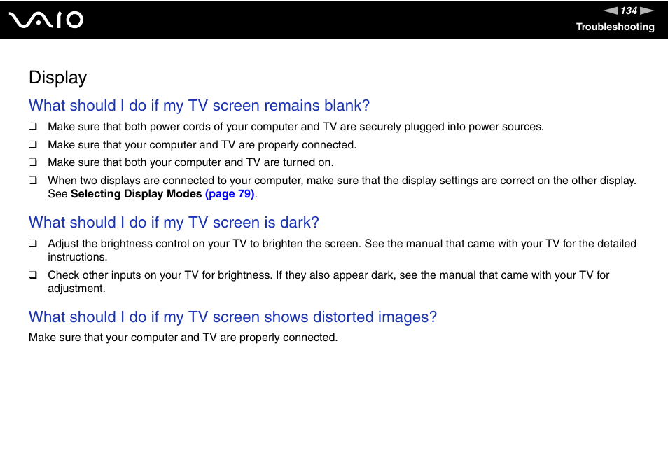 Display, What should i do if my tv screen remains blank, What should i do if my tv screen is dark | Sony VAIO VGX-TP User Manual | Page 134 / 155