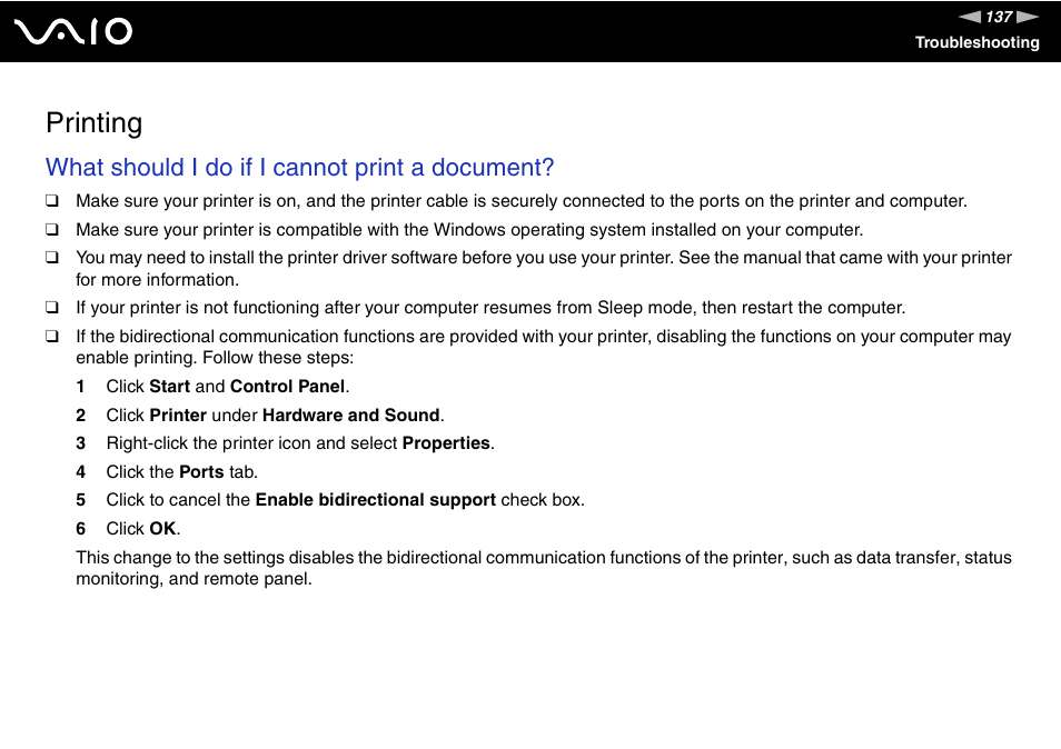 Printing, Inting, What should i do if i cannot print a document | Sony VAIO VGX-TP User Manual | Page 137 / 155