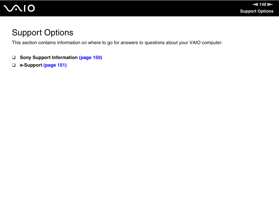 Support options | Sony VAIO VGX-TP User Manual | Page 149 / 155