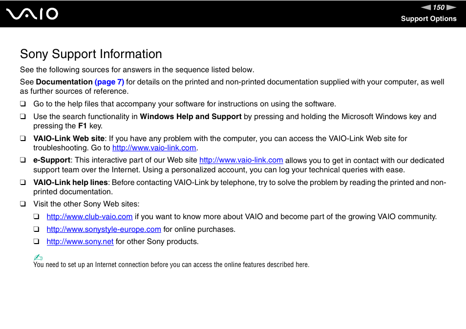 Sony support information, To vi | Sony VAIO VGX-TP User Manual | Page 150 / 155