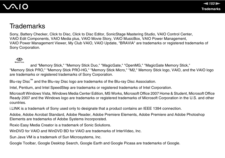 Trademarks | Sony VAIO VGX-TP User Manual | Page 153 / 155