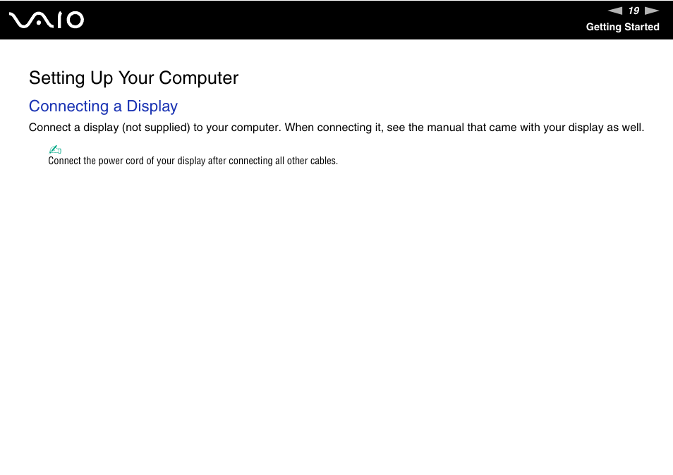 Setting up your computer, Connecting a display | Sony VAIO VGX-TP User Manual | Page 19 / 155